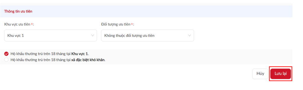 Thí sinh xác nhận khu vực và đối tượng ưu tiên (nếu có)